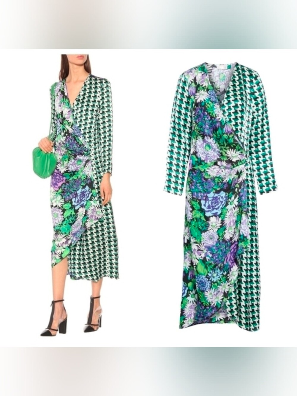 Rixo Betty Floral & Houndstooth Print Wrap Dress